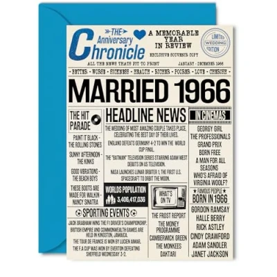 Image of 58th Anniversary Cards for Men Women Married 1966 Newspaper Happy 58 Wedding Card Husband Wife Dad Mum Aunt Uncle Vintage Retro 1966, 5x7 Inch Greeting