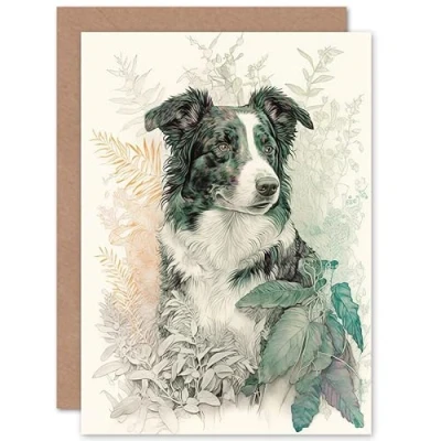 Image of Artery8 Border Collie Dog in Field Modern Colour Pencil Portrait Illustration Art Birthday Sealed Greeting Card Plus Envelope Blank inside