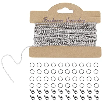 Image of 33feet Silver Plated Chain Link Cable Necklace with 20 Lobster Clasps and 40 Jump Rings, Stainless Steel Chains for DIY Jewelry Making (1.5mm)