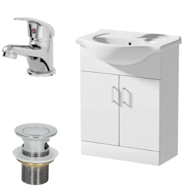 Image of Affine® 650mm Bathroom Vanity Unit Ceramic Sink Floorstanding Storage Cabinet Cupboard &amp; Essentials Basin Tap Waste Set, White Gloss