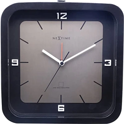 Image of NeXtime Table Clock 20 x 6 cm Wood Black &#039;Square Alarm&#039;, Metal and plastic, 14