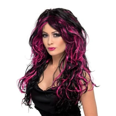 Image of Smiffys Gothic Bride Wig, Pink &amp; Black Long, Streaked, Halloween Fancy Dress Accessory, Accessories Up Wigs