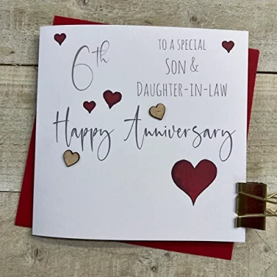 Image of WHITE COTTON CARDS SON &amp; DAUGHTER IN LAW, WEDDING ANNIVERSARY HEARTS CARD, HANDFINISHED (S108 SD6)