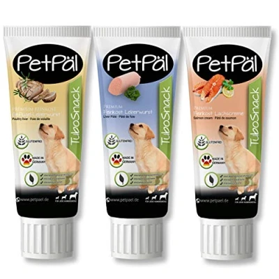 Image of PetPäl Natural Dog Treat Tube “TuboSnack“ Grain, Sugar, Salt Free Premium Liver, Poultry, Salmon Snack for Your Also Great Puppies Easy to Dose, Clean Hands 3x 75g Made in Germany