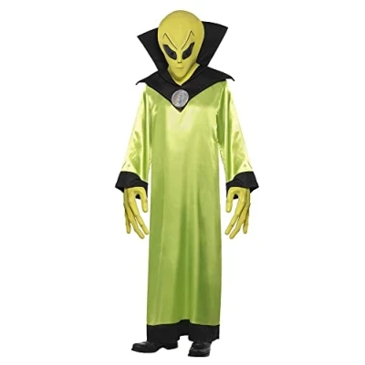 Image of Smiffys Alien Lord Costume, Green with Robe, Mask and Hands, Halloween Adult Fancy Dress, Dress Up Costumes