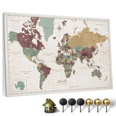 Image of Canvas World Map with Cork Pin Board English Lettering Decorative Wall Decoration for All Rooms Pictures Motif (90x60 cm, Pattern 3)