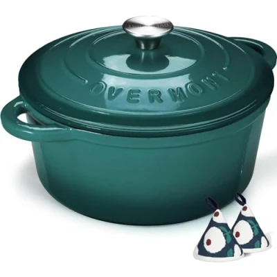 Image of Overmont 5L Enamelled Cast Iron Round Casserole Pot With Lid Cookbook &amp; Cotton Potholders Non stick Dutch Oven Cookware for Braising, Stews, Roasting, Bread Baking Sea Green, 26cm