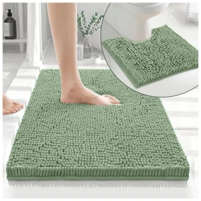 Image of GC GAVENO CAVAILIA 2 Piece Non Slip Rubber Backed Mats Super Absorbent Antibacterial Toilet Carpet Mat Quick Dry Microfiber Chenille Rug Washable Bath Sage Green