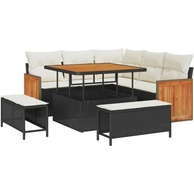 Image of vidaXL 8 Piece Garden Sofa Set with Cushions Black Poly Rattan Acacia