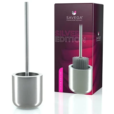 Image of SAVEGA,Toilet brush stainless steel silicone,toilet with holder in set,toilet antibacterial head,toilet set,elegant toilet holder,toilet brush,silver (silver)