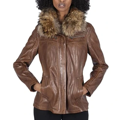 Image of TruClothing Womens Real Leather Short Parka Jacket Coat Fur Hood Zipped Brown Tan Black Timber L