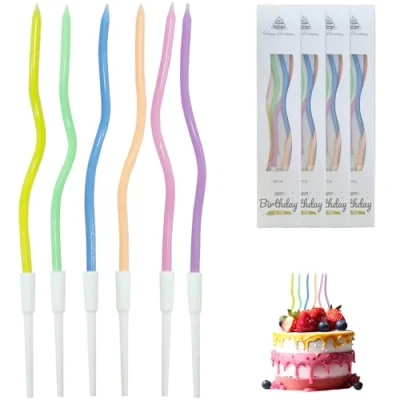 Image of WOLMIK 24 Pieces Twisty Birthday Candles, Spiral Cake Long Thin Cupcake Candles with Holders, for Baby Shower Wedding Party Decoration