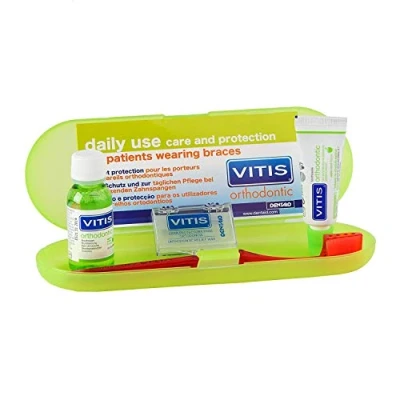 Image of VITIS orthodontic Travel Kit 15ml toothpaste + 30ml mouthwash relief wax toothbrush interprox brush with Safety Box