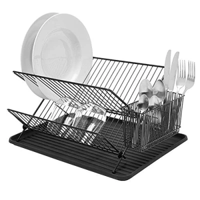 Image of simplywire Folding Dish Drainer Plate Drying Steel Rack with Cutlery Holder Black