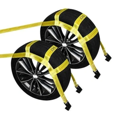 Image of JCHL Tow Dolly Basket Straps With Flat Hooks (2 Pack) Yellow Car Wheel Universal Vehicle System