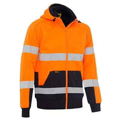Image of Bisley Workwear UKK6988T_TT05 Taped Hi Vis Fleece Hoodie with Sherpa Lining 300gsm Orange/Navy, XS
