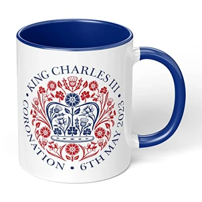 Image of Print Maniacs Kings Coronation Mug 2023 Official Emblem King Charles III Commemorative Souvenir Gift His Majesty The Royal Memorabilia Gifts (Blue Infill)