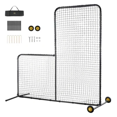 Image of VEVOR L Screen Baseball for Batting Cage, 7x7 ft Softball Safety Screen, Body Protector Portable with Carry Bag, Wheels, Ground Stakes, Heavy Duty Pitching Net Pitchers Protection
