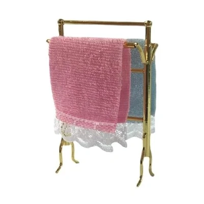 Image of Melody Jane Dolls House Brass Towel Rail Rack Pink &amp; White Towels Bathroom Furniture 1:12