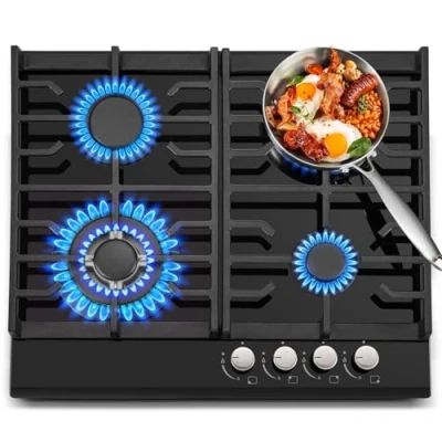 Image of Gas Hob 4 burners, TopStrong 60cm Black Glass Hob, Built in Cooktop with Cast Iron Supports, NG/LPG Convertible, Cooker Flame Out Protection