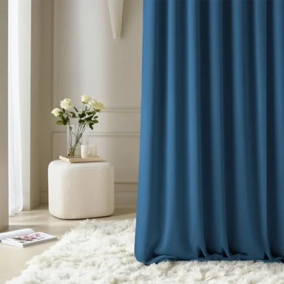Image of ROOM99 Curtain with Silver Eyelets Aura 140 x 280 cm Width Height Blackout Sliding Curtains Decorative Modern Living Room Bedroom Dark Blue