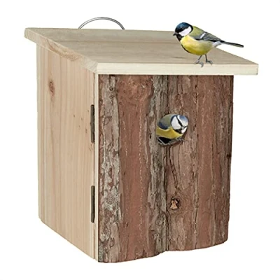 Image of Relaxdays Bird House, Nesting Box, 28mm Entrance Hole, Mount on Tree or Wall, HWD: 26 x 16.5 cm, Wood, Natural