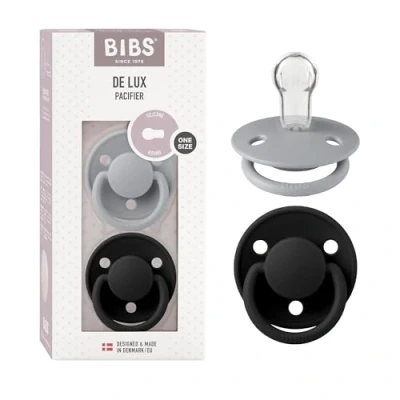 Image of BIBS De Lux Soother 2 Pack, BPA Free Dummy Pacifier, Round Nipple. Silicone, OneSize (0 36 Months), Cloud/Black