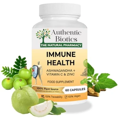 Image of Authentic Biotics 60 Immunity Support Vitamins, Ashwagandha Capsules with Vitamin C and Zinc, Multivitamins &amp; Minerals, 100% Natural, Plant Based, Vegan, Kosher for Women Men