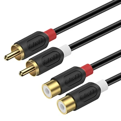 Image of J&amp;D 2 RCA Extension Cable, Cable Gold Plated Audiowave Series Male to Female Stereo Audio 2.7 Meter