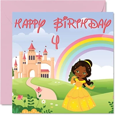 Image of 4th Birthday Card Girl Princess Castle Happy 4 Year Old Girl, Girls Four Fourth Cards for Her, 145mm x Greeting Daughter Niece Granddaughter Kid Children