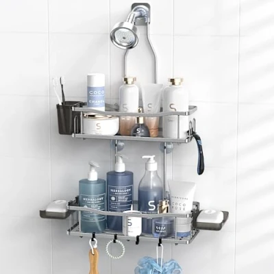 Image of Aitatty Hanging Shower Caddy Bathroom Organizer: Rustproof Shelf Racks Over Head No Drilling Inside Bath Rack Shelves Showerhead for Shampoo with Soap Holder Silver