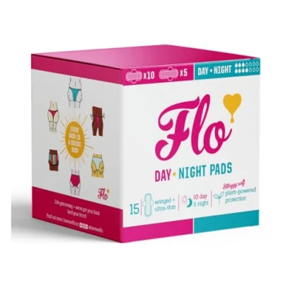 Image of FLO Organic Bamboo Sanitary Period Pads with Wings 100 Percent Organic, Soft, Silky, Ultra Absorbent &amp; Biodegradable Thin Combo Pack 10 Day 5 Night