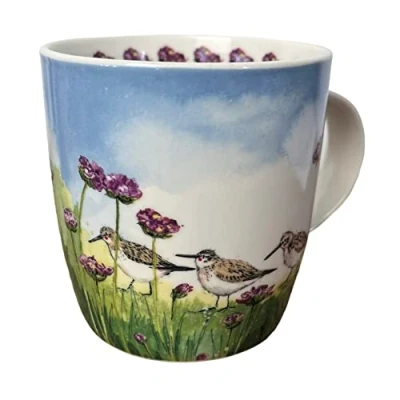 Image of ALEX CLARK Coastal Dunlin and Thrift Mug Wildflowers Birds Seaside Beach Original Artwork Cup for Nature Lovers Gift Ideas Perfect Coffee &amp; Tea Vegan Friendly Designed In The UK