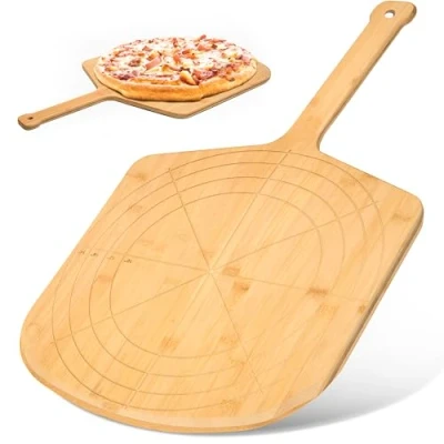 Image of Loftern Wooden Pizza Peel 16 Inch Board with Engraved Sizes Multi Purpose Bamboo Cutting Board, Wood Peel, Spatula Paddle, and Serving Size Guide