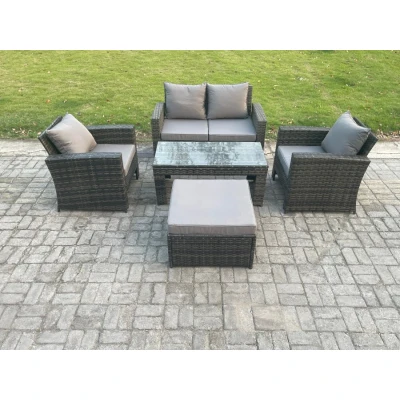 Image of Outdoor Rattan Garden Furniture Set 5 Seater Patio Lounge Sofa with Coffee Table Big Footstool Dark Grey Mixed Fimous