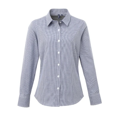 Image of Premier Womens/Ladies Microcheck Long Sleeve Shirt (Navy/White) Cotton Size X Small