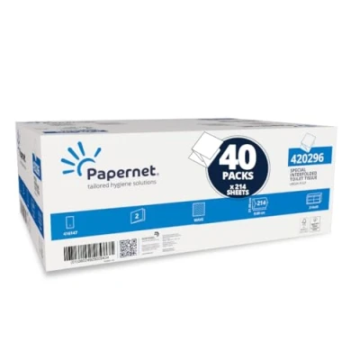 Image of Papernet Interfolded Toilet Paper 420296, Made of Pure Cellulose, Two Ply, 8.560 Services, 214 services per clip, Service Dimensions 21x9.8cm