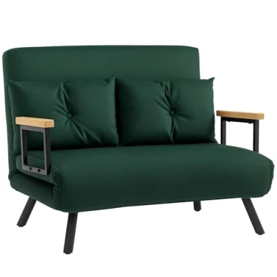 Image of HOMCOM 2 Seater Sofa Bed, Click Clack Convertible Bed Settee, Modern Velvet Feel Fabric Couch with Tufted Cushions, Wood Armrests for Living Room, Bedroom, Guest Green