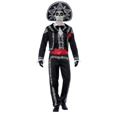 Image of Smiffys Deluxe Day of The Dead Señor Bones Costume, Black with Jacket, Trousers, Mock Shirt &amp; Hat, Mexican Dead/Sugar Fancy Dress, Halloween Dress Up Costumes