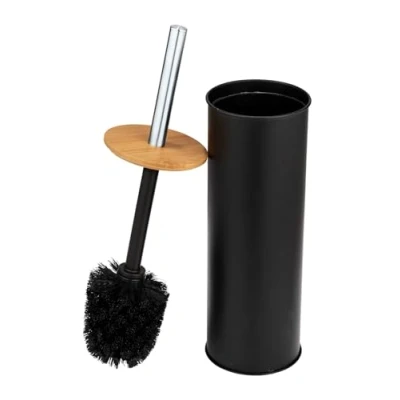 Image of WENKO Tortona Closed Toilet Brush Set Made of Steel, Combined with Bamboo, Diameter 9.5 x 38.5 cm, Black, Metal, 9,5 38,5 cm