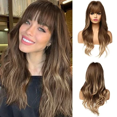 Image of Esmee 24 Inch Long Golden Brown Ombre Wig with Bangs for Women Synthetic Wigs Natural Wave Heat Resistant Hair Daily Party Cosplay Use