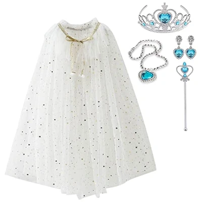 Image of Skyllc Princess Cape for Girls, Girls Fancy Dress, Costume with Crown, Necklace, Earrings, Magic Wand, Party Costume, Carnival, Cosplay Halloween