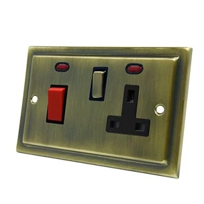 Image of AET VABCC2NBL Victorian Antique Brass Control Unit w/Neon 45A Cooker 13A Switched Plug Socket and Neon Indicators 2 Gang Plate, 240 V