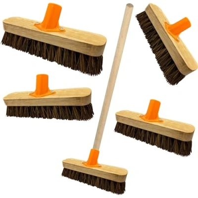 Image of Deck Scrubber Brush With Wooden Handle Strong Stiff Floor Broom Hard Bristle Great For Decking, Cleaning Patio &amp; Garden Pathways (2)