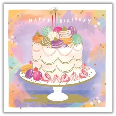 Image of Woodmansterne Female Birthday Card Happy with Macaron Cake Design and a Foil Finish for Women or Girls