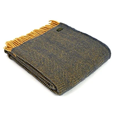 Image of Tweedmill Textiles 100% Pure New Wool Herringbone Throw, Navy/Mustard, 150x180cm