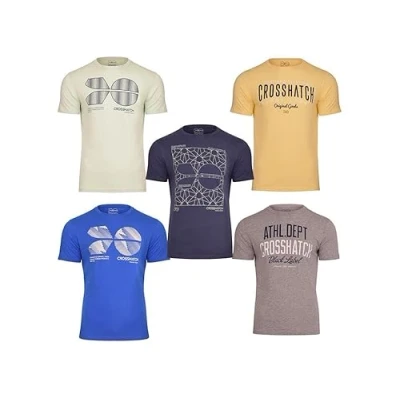 Image of Crosshatch Men&#039;s T Shirt 5 Pack Multipack Short Sleeve Crew Neck Cotton Tee Casual Holiday Printed Regular Fit Basic Bundle S Multicoloured