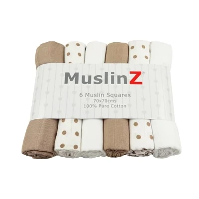 Image of MuslinZ 6 pack 100% pure soft cotton Muslin Squares Baby Burp Cloths in Plain, White and Polka Dot Mix 70x70cms Perfect for Newborns (6 Pack, Taupe Combo)