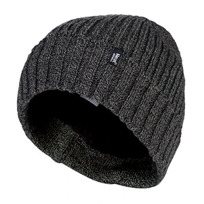 Image of HEAT HOLDERS Mens Ribbed Knit Fleece Lined Insulated Warm Turn Over Cuff Thermal Winter Beanie Hat (One Size, Grey (TOR))