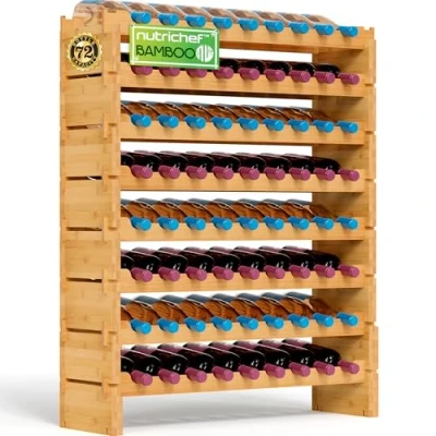Image of Nutrichef Bamboo Stackable Wine Rack, 8 Tier 72 Bottle Capacity Racks Free Standing Floor, No Tools Assembly, Modular Storage Display Shelf for Kitchen and Cellar 33.5&quot; x 10&quot; 42&quot;